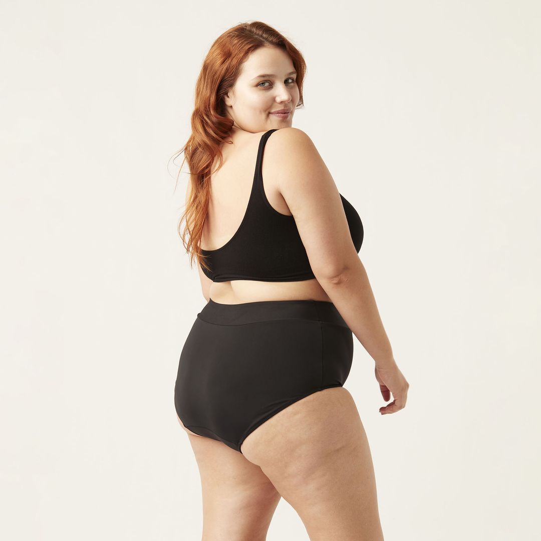 Back view curvy girl with Modibodi high waist bikini
