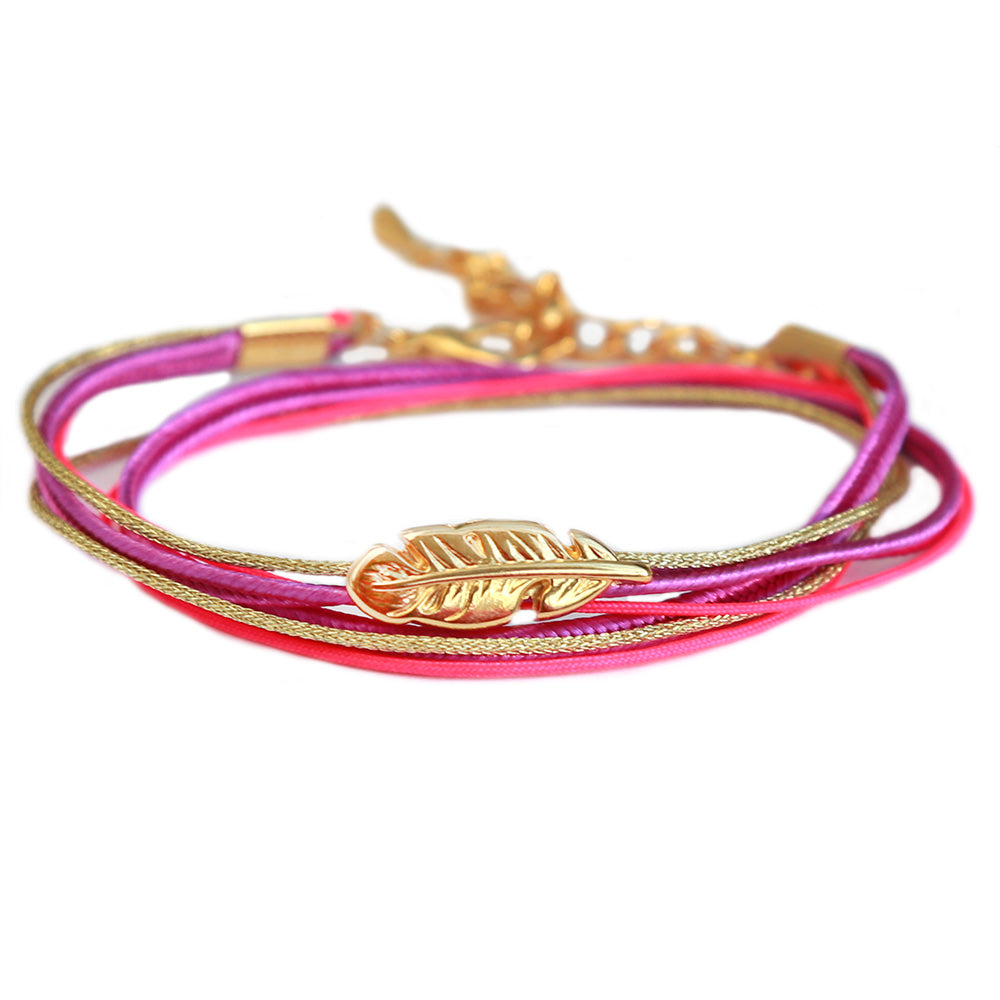 Multicoloured bracelets with gold feather detail 