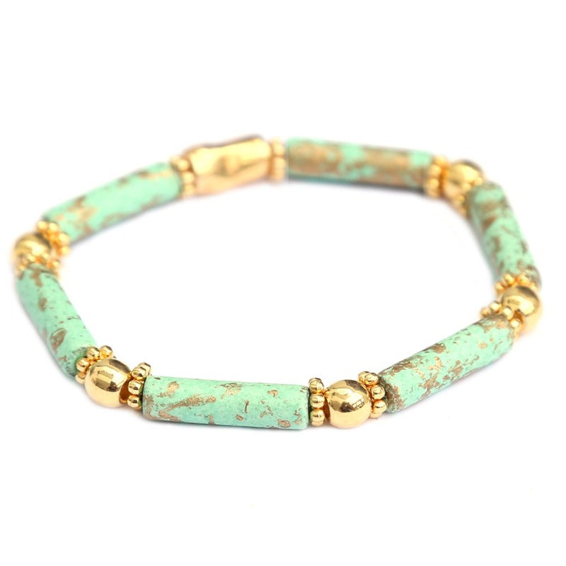 Mint and Gold Beaded Bracelet with Gold accents.