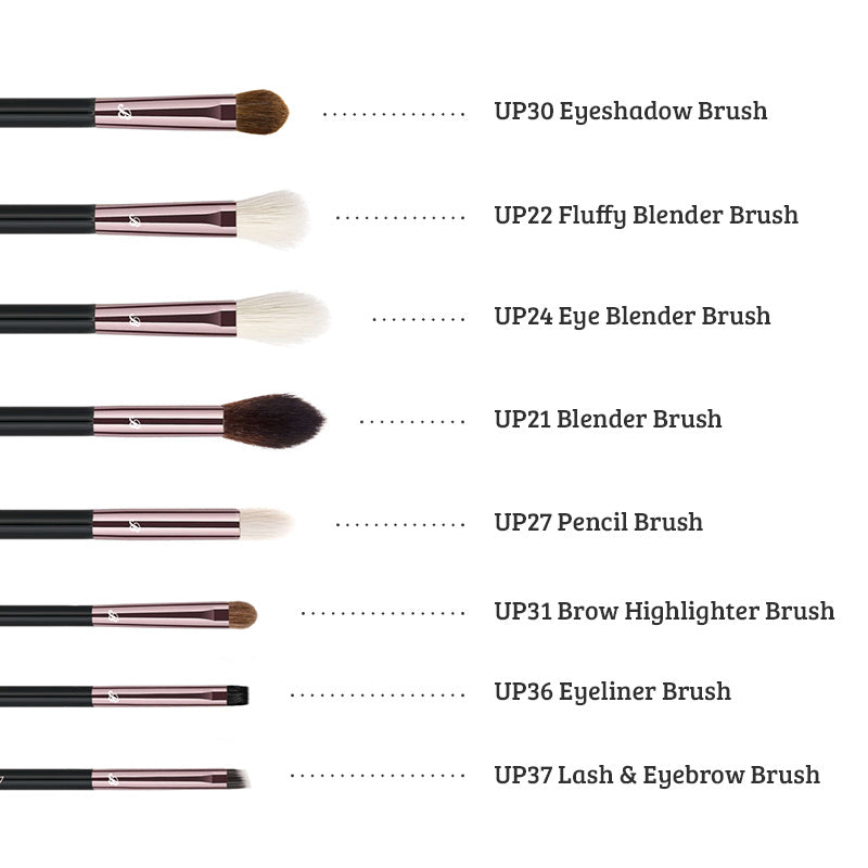 List of brushes, eyeshadow brush, blender brush, pencils brush, highlighter brush, lash and eyebrow brush, eyeliner brush. 
